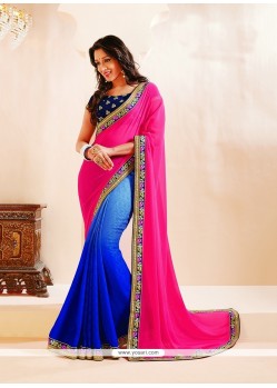 Celestial Patch Border Work Blue Designer Saree