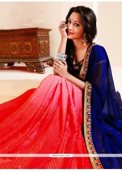 Tempting Navy Blue And Red Embroidered Work Georgette Designer Saree