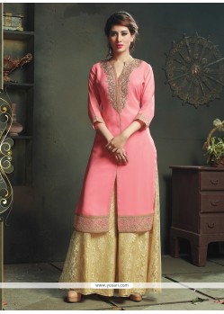 Gleaming Viscose Rose Pink Embroidered Work Party Wear Kurti
