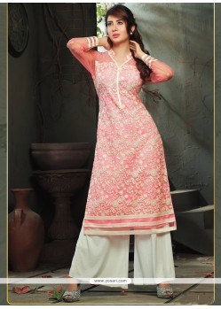 Invigorating Embroidered Work Pink Party Wear Kurti