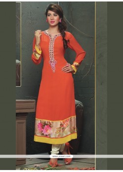 Observable Orange Embroidered Work Viscose Party Wear Kurti