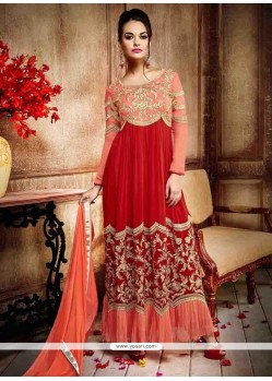 Captivating Red Embroidered Work Georgette Anarkali Salwar Kameez