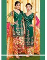 Glorious Green Print Work Cotton Satin Designer Suit