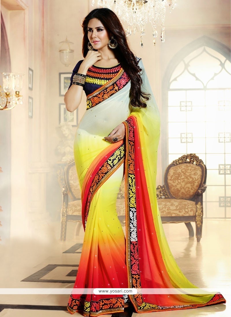 Yellow And Red Shaded Georgette Saree