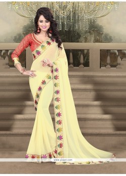 Cream Embroidered Work Georgette Designer Saree