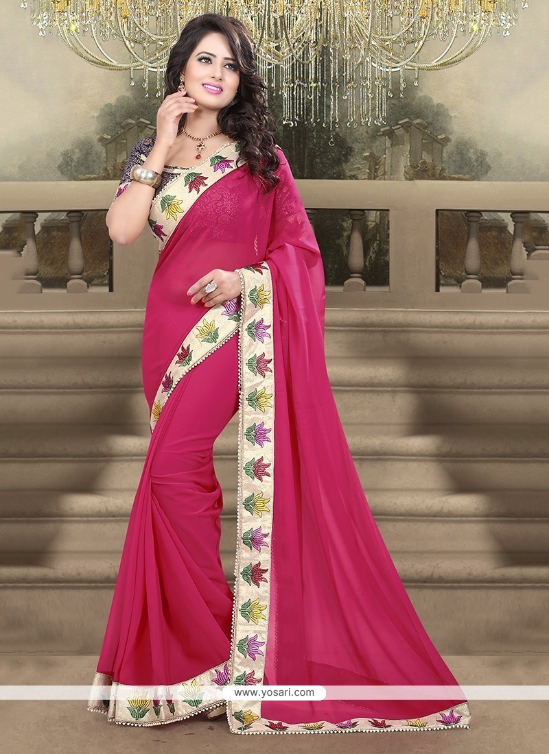 Pure Georgette Chikankari Sequin saree in hot pink Shade - Vastrams