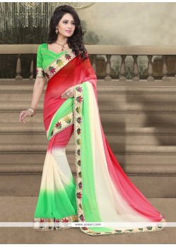Tantalizing Patch Border Work Green And Red Georgette Designer Saree