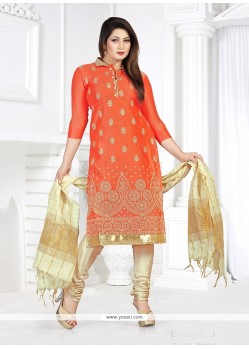 Phenomenal Embroidered Work Chanderi Orange Churidar Designer Suit