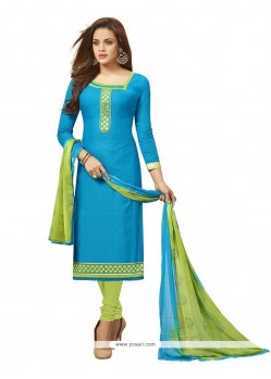 Fashionable Cotton Turquoise Embroidered Work Churidar Designer Suit