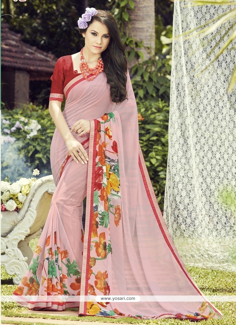 Fetching Georgette Rose Pink Print Work Casual Saree