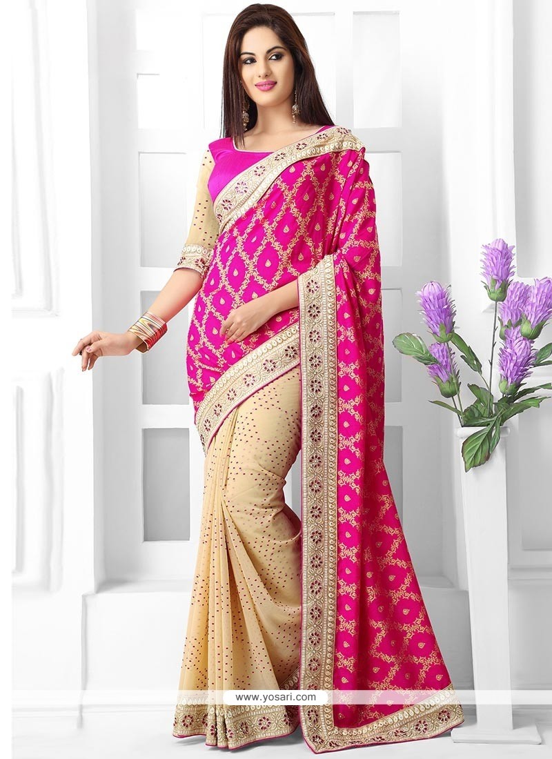 Cream And Pink Georgette Saree