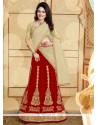 Competent Net Beige And Red Patch Border Work Designer A Line Lehenga Choli