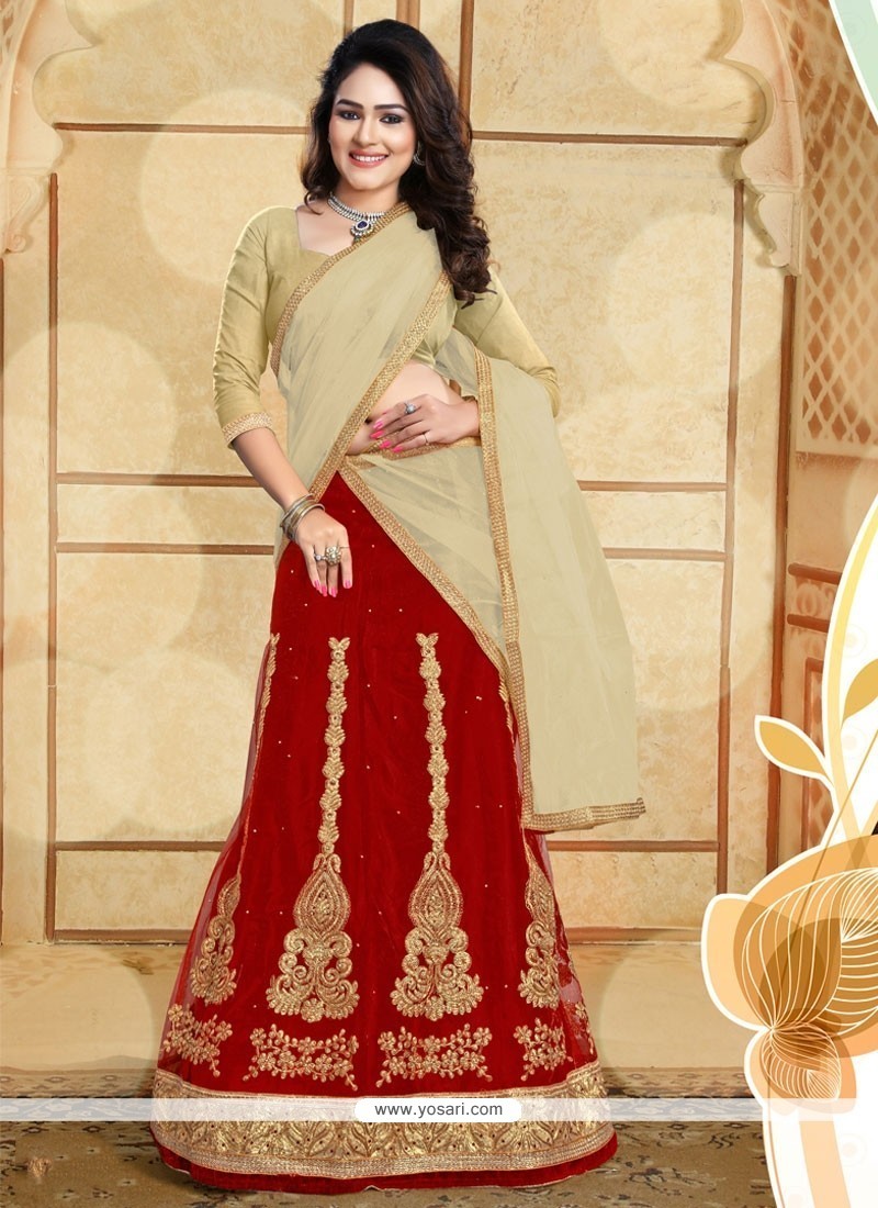 Competent Net Beige And Red Patch Border Work Designer A Line Lehenga Choli