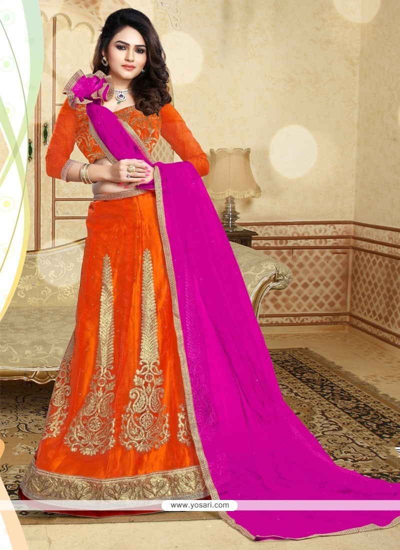 Sensational Patch Border Work Orange And Pink Designer A Line Lehenga Choli