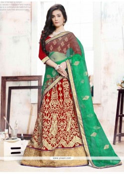 Embroidered Net A Line Lehenga Choli In Green And Red