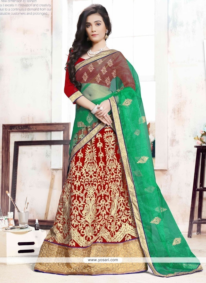 Embroidered Net A Line Lehenga Choli In Green And Red
