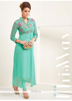 Congenial Sea Green Embroidered Work Georgette Party Wear Kurti