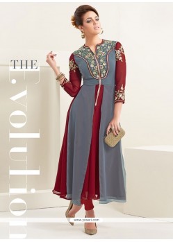 Stunning Grey And Maroon Embroidered Work Georgette Party Wear Kurti