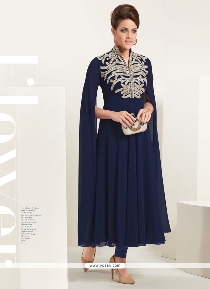 Dignified Embroidered Work Navy Blue Georgette Party Wear Kurti