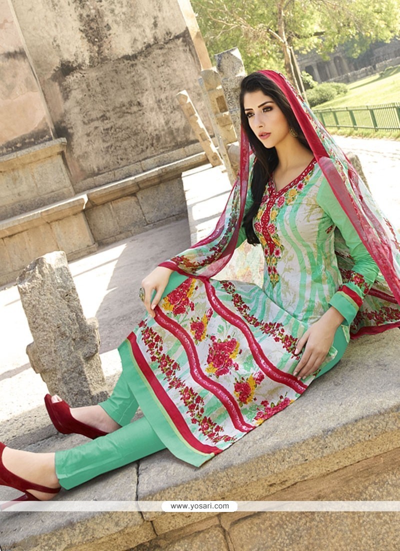 Whimsical Red And Sea Green Embroidered Work Cotton Churidar Designer Suit