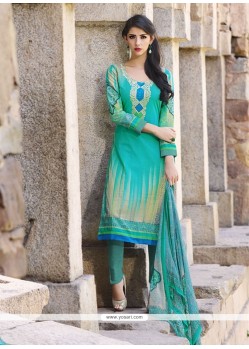 Mod Cotton Blue And Turquoise Print Work Churidar Designer Suit