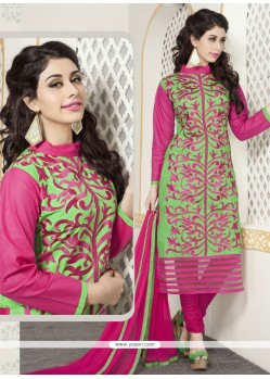 Engrossing Green And Pink Cotton Churidar Designer Suit