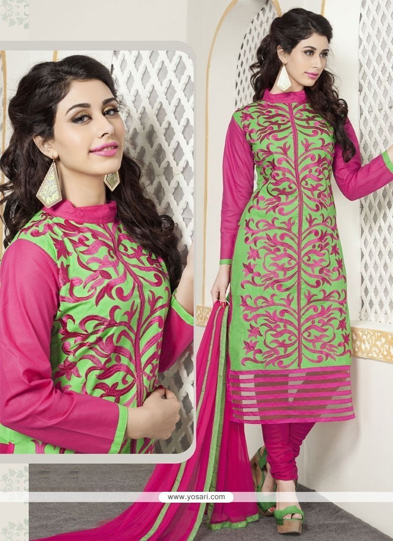 Engrossing Green And Pink Cotton Churidar Designer Suit