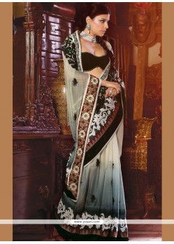 Aesthetic Net Grey And Off White Embroidered Work Designer Saree