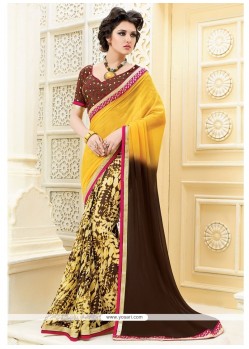 Brown And Yellow Patch Border Work Georgette Designer Saree