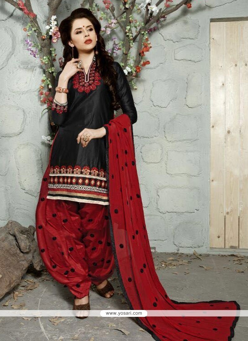 Red And Black Cotton Jacquard Punjabi Patiala Suit Mx