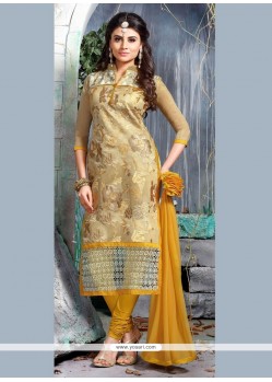 Intricate Resham Work Beige Chanderi Cotton Churidar Designer Suit