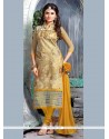 Intricate Resham Work Beige Chanderi Cotton Churidar Designer Suit