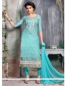 Turquoise Chanderi Cotton Churidar Designer Suit