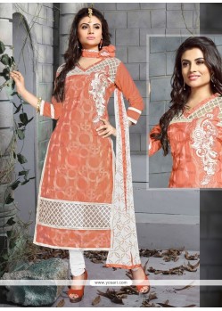 Glowing Resham Work Peach Chanderi Cotton Churidar Designer Suit
