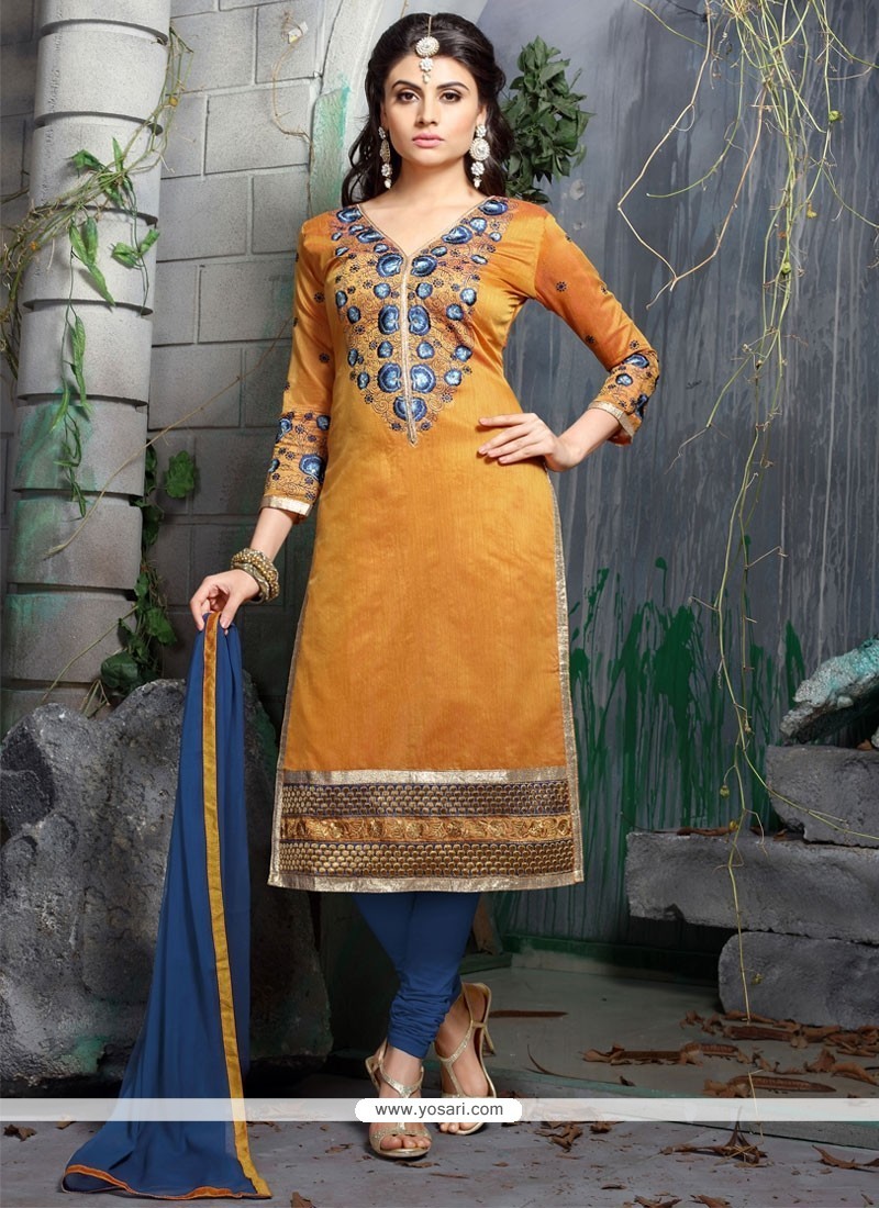 Alluring Orange Chanderi Cotton Churidar Designer Suit