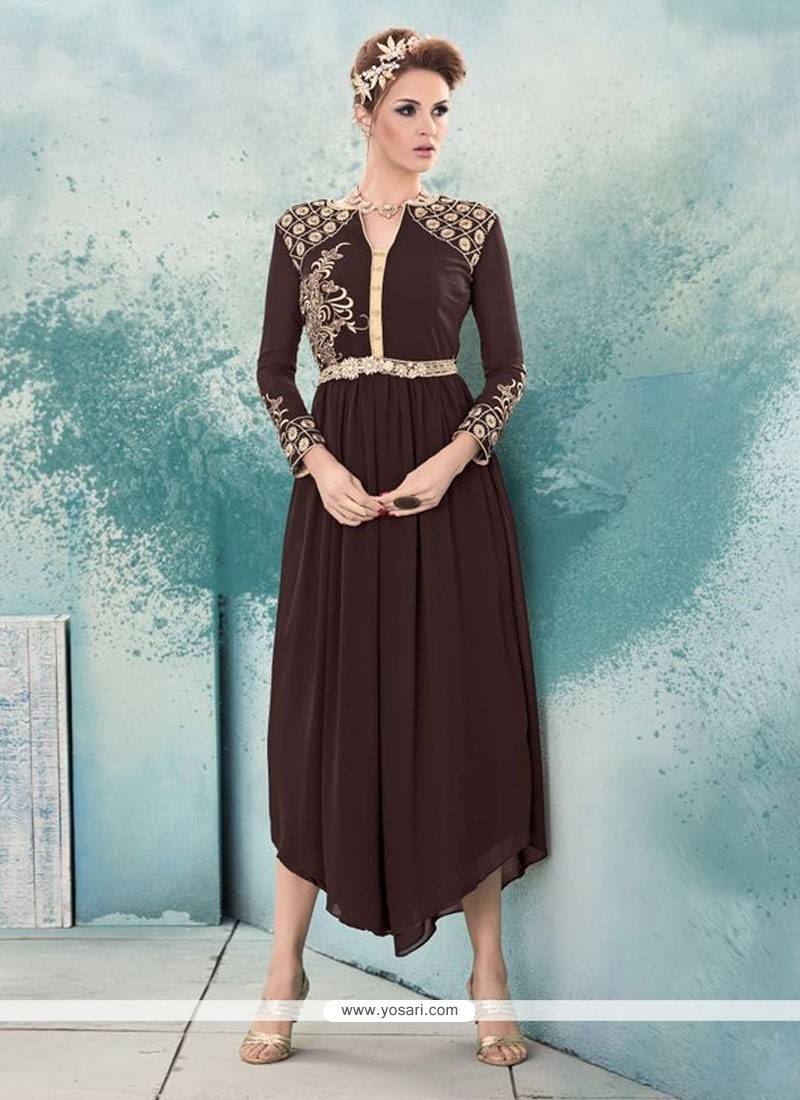 Sonorous Embroidered Work Brown Georgette Party Wear Kurti