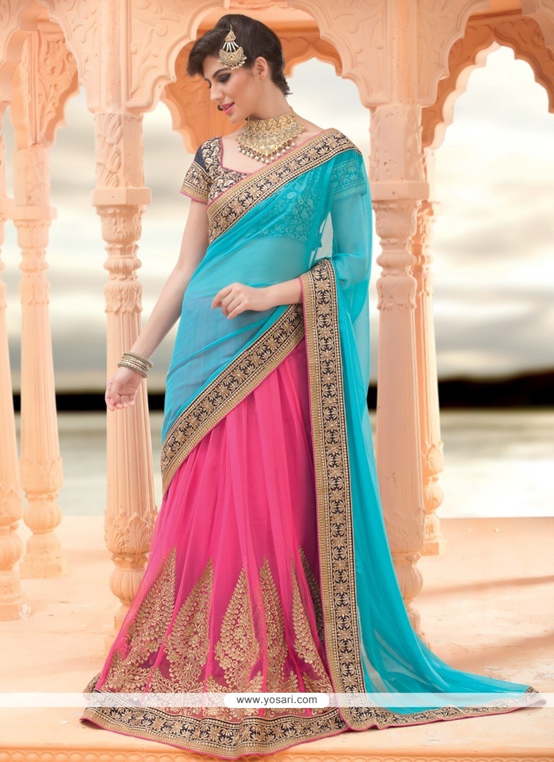 Blue And Pink Embroidery Lehenga Saree