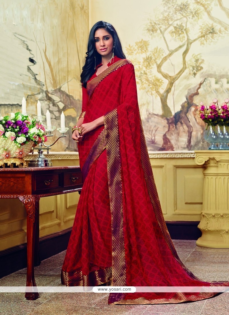 Exquisite Georgette Red Patch Border Work Printed Saree