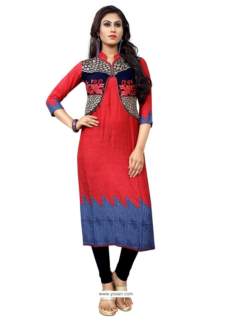 Preferable Embroidered Work Red Cotton Party Wear Kurti