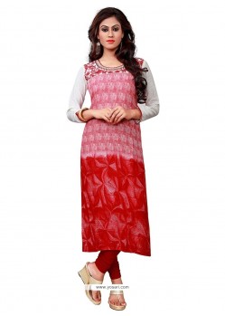 Nice Red Embroidered Work Cotton Party Wear Kurti