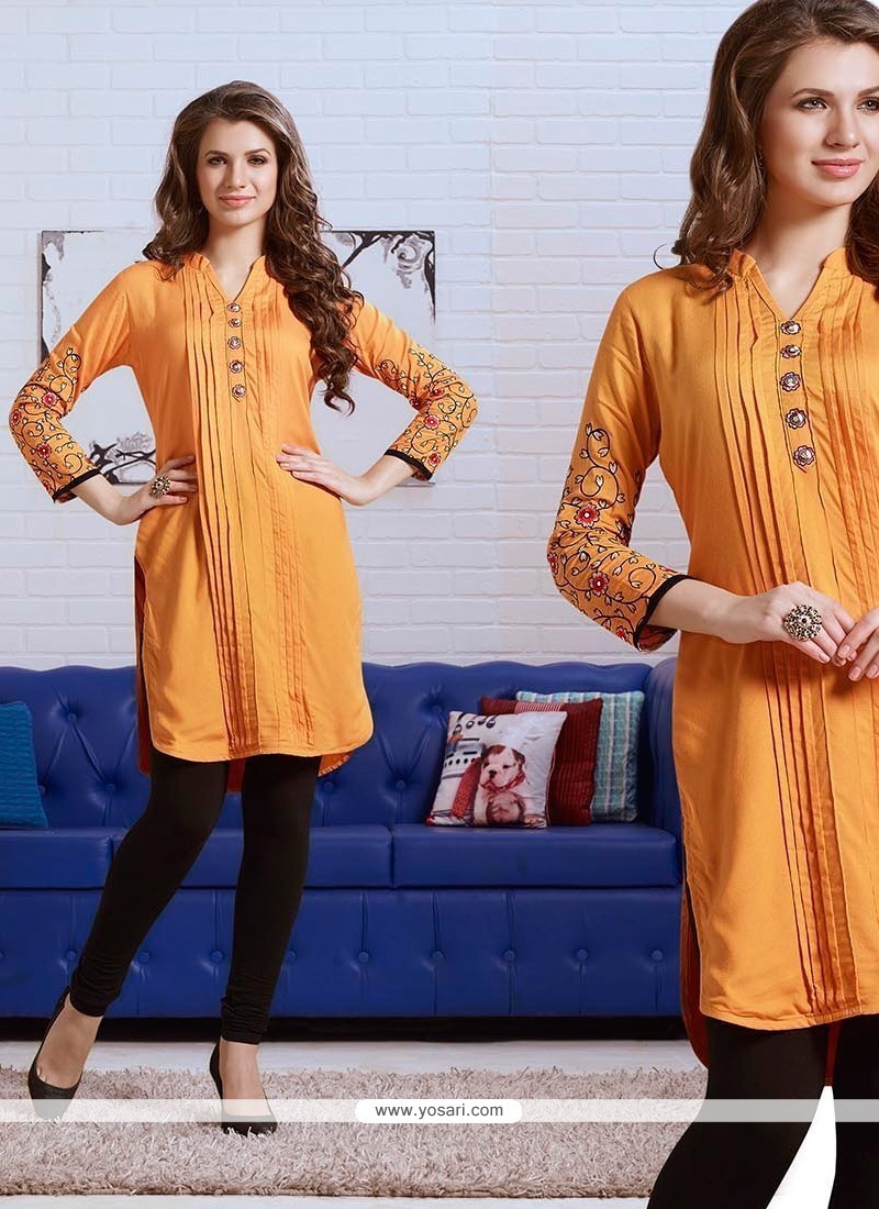 Sonorous Embroidered Work Yellow Rayon Party Wear Kurti