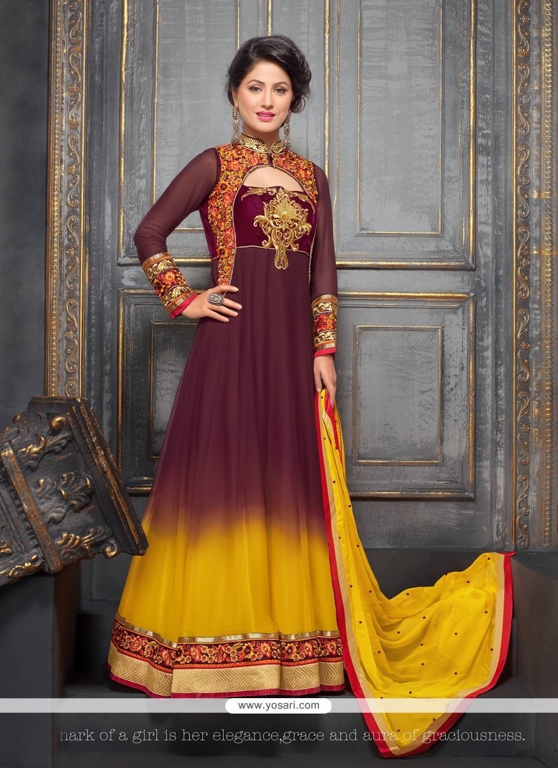 Rust And Yellow Shaded Georgette Anarkali Suit