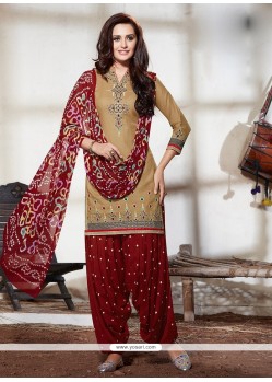 Compelling Beige Embroidered Work Cotton Punjabi Suit