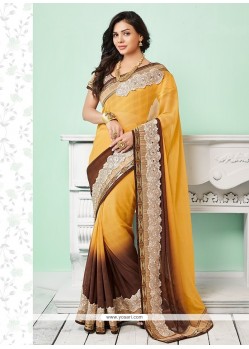 Dignified Brown And Yellow Jute Silk Classic Saree