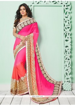 Orphic Hot Pink Patch Border Work Bamber Georgette Classic Saree