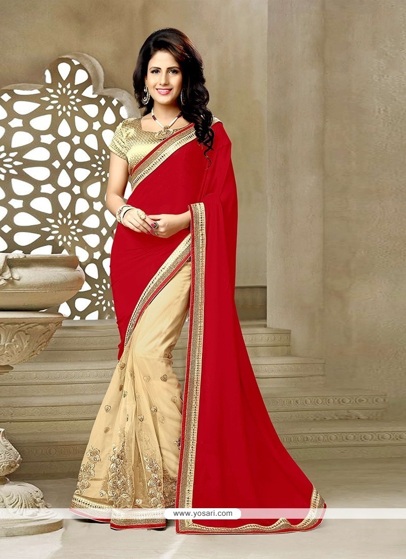 Absorbing Red Embroidered Work Net Classic Saree