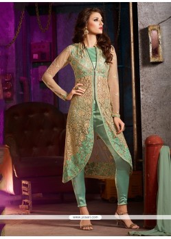 Intricate Net Sea Green Pant Style Suit