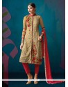 Outstanding Patch Border Work Cream And Red Churidar Designer Suit