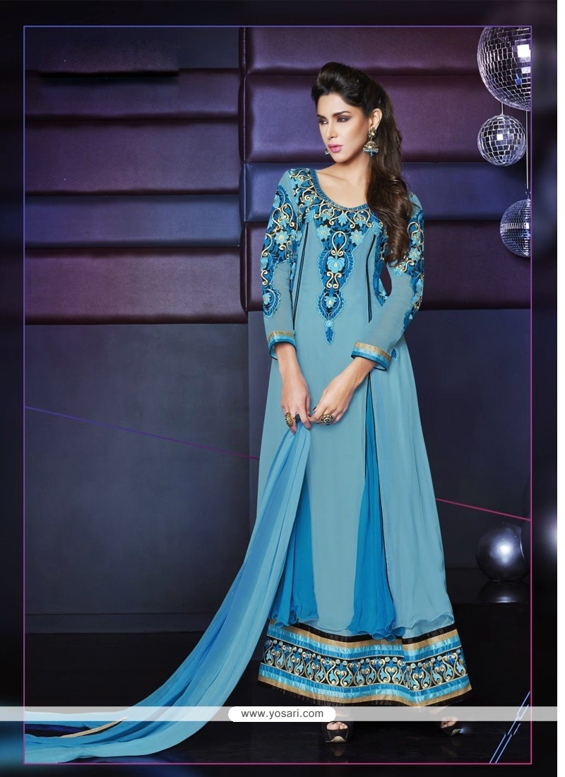 Splendid Blue Pure Georgette Anarkali Suit