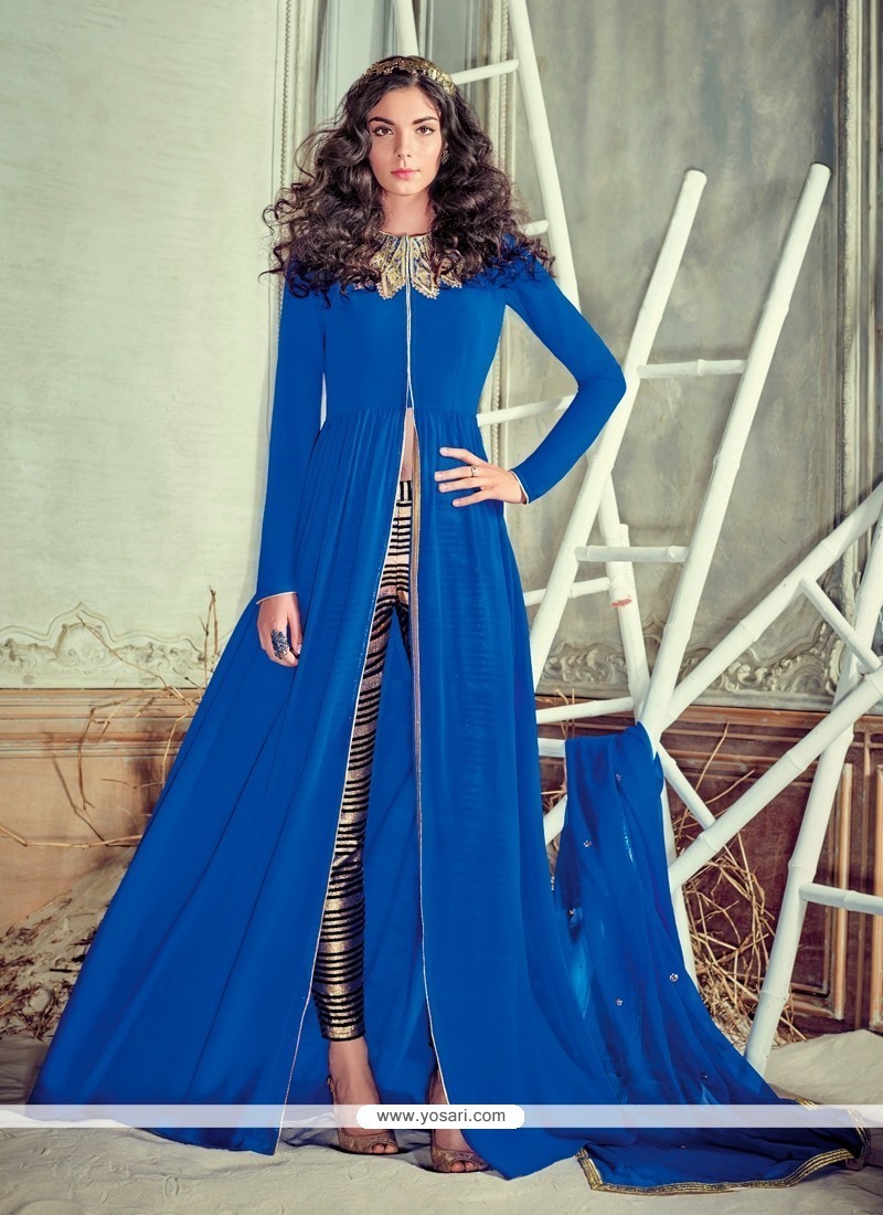 Enchanting Embroidered Work Blue Georgette Pant Style Suit